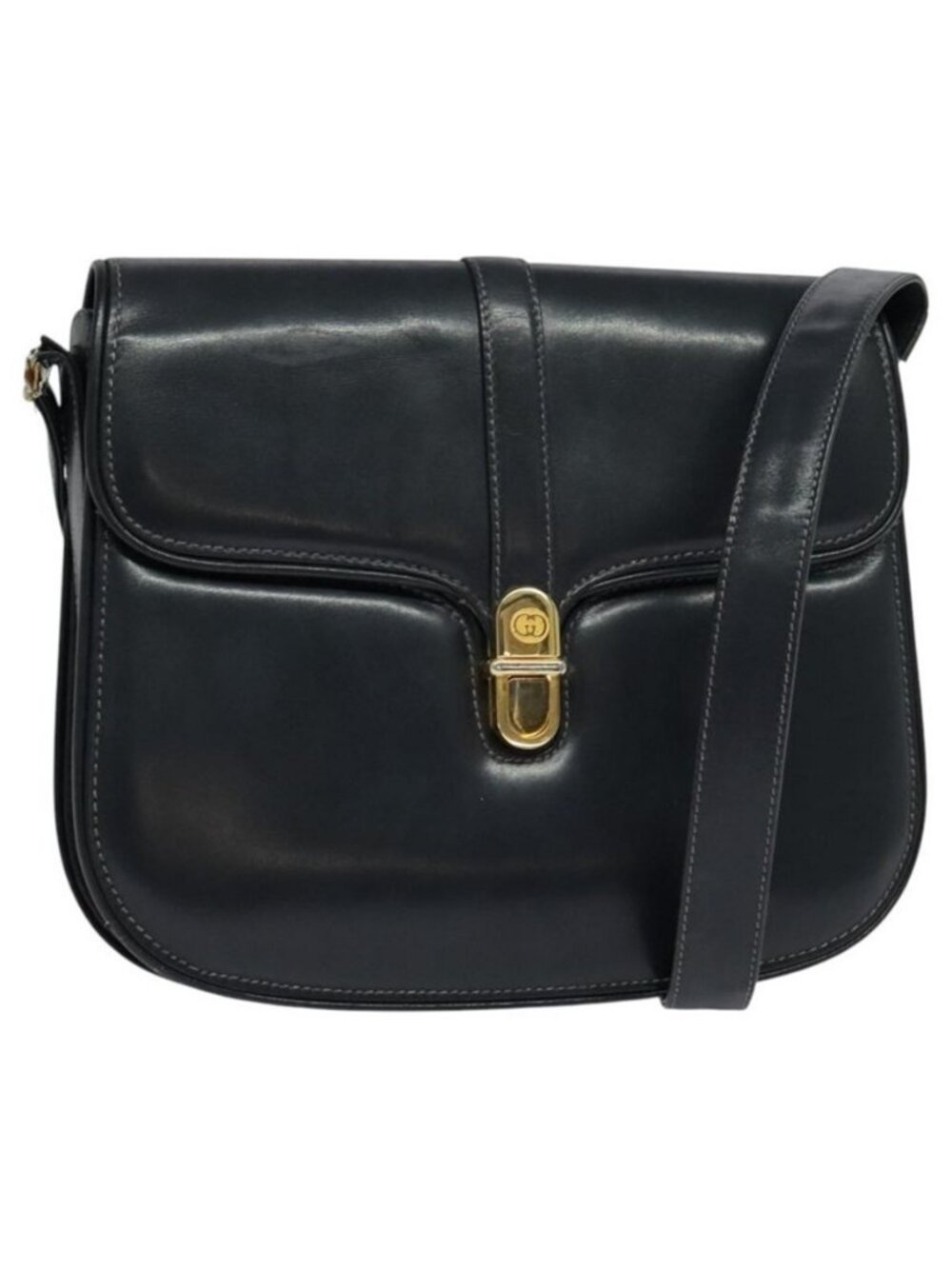 Authentic GUCCI Shoulder Bag Leather Navy Gold